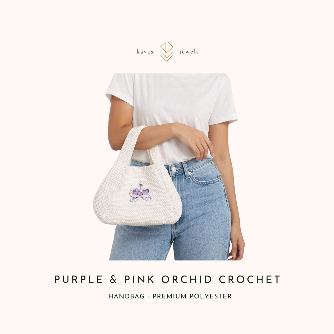 Purple & Pink Orchid Crochet White Handbag