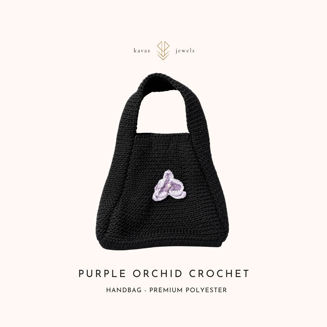 Purple & Pink Orchid Crochet Black Handbag