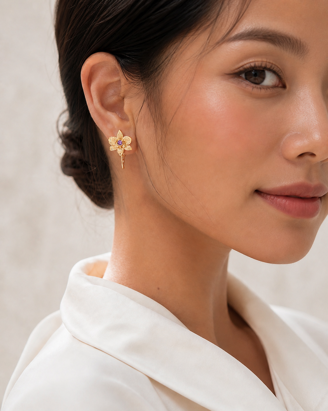 Orchid Ear Clip in Gold Amethyst
