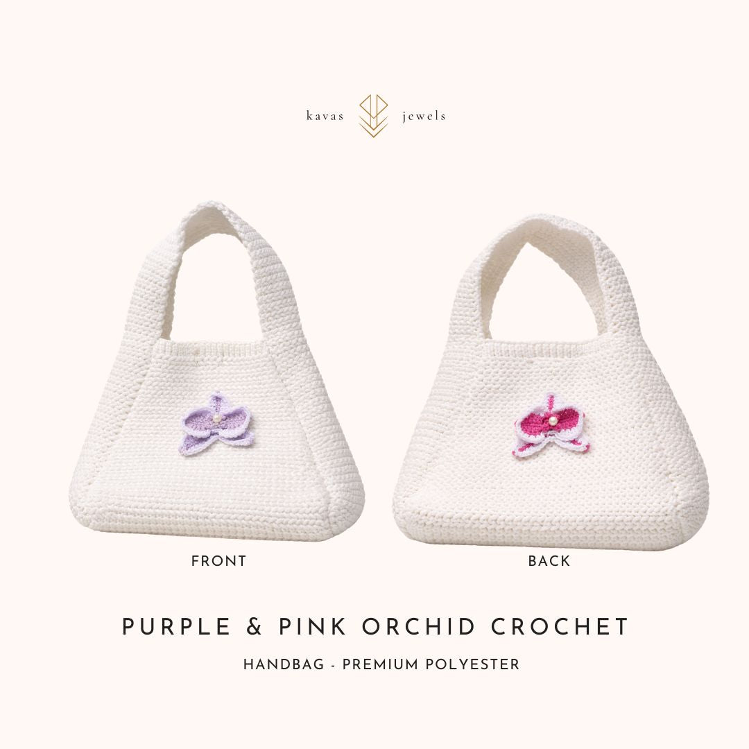 Purple & Pink Orchid Crochet White Handbag