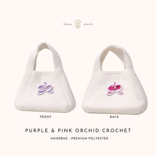 Purple & Pink Orchid Crochet White Handbag