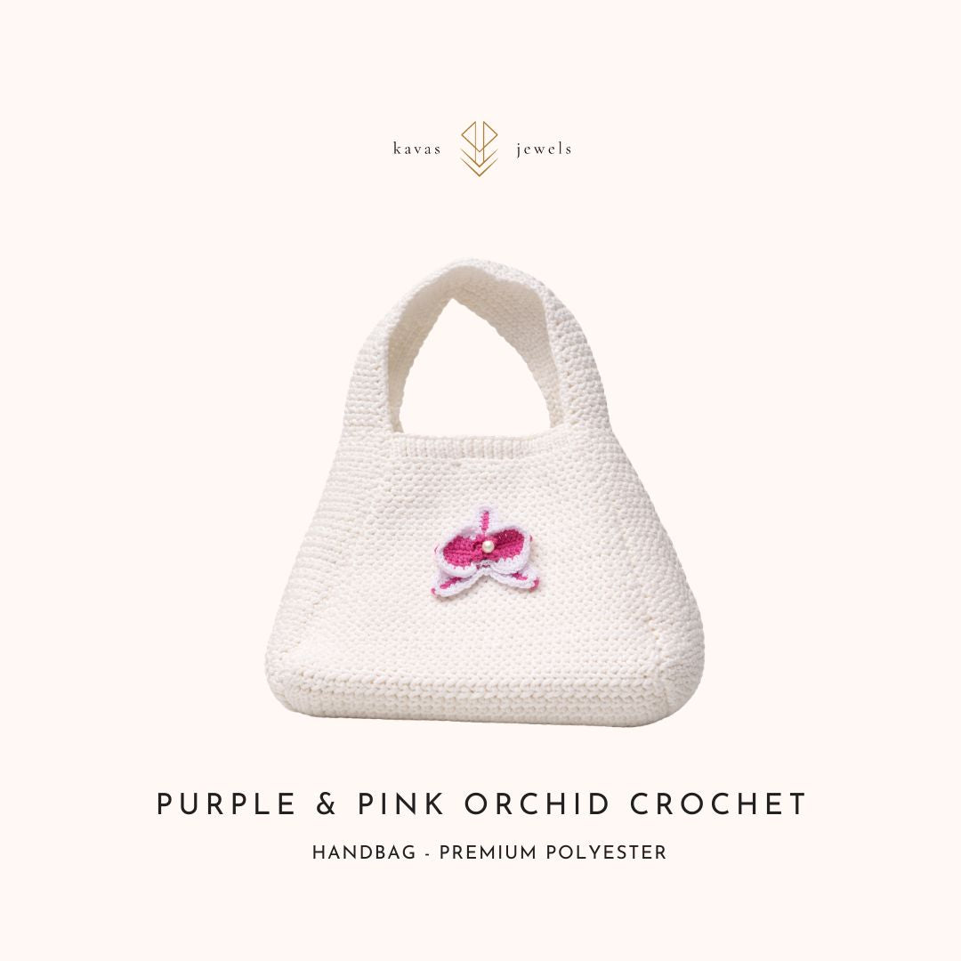 Purple & Pink Orchid Crochet White Handbag