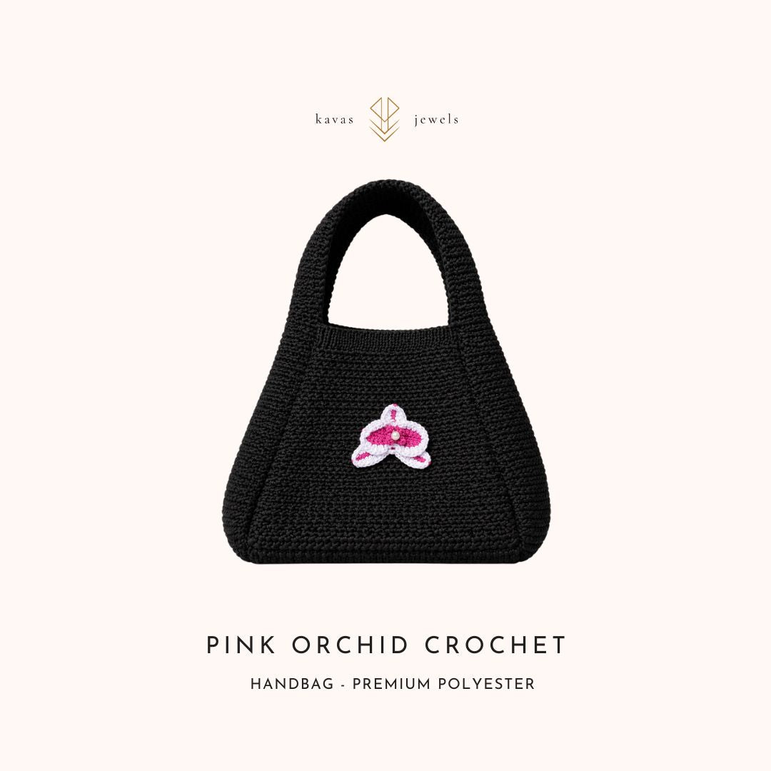 Purple & Pink Orchid Crochet Black Handbag