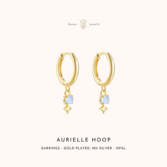 Gold hoop earrings with opal stones on a white background, branded 'kavas jewels'.