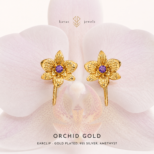 Orchid Ear Clip in Gold Amethyst