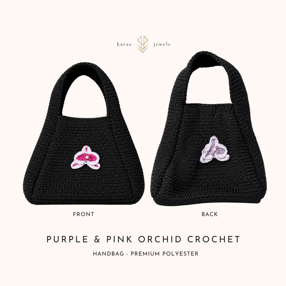 Purple & Pink Orchid Crochet Black Handbag