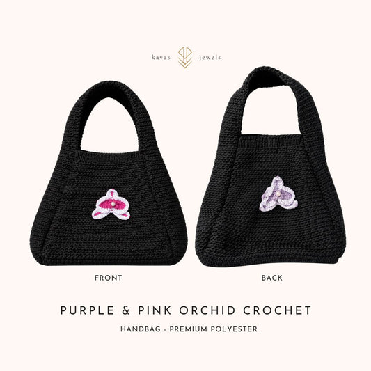 Purple & Pink Orchid Crochet Black Handbag