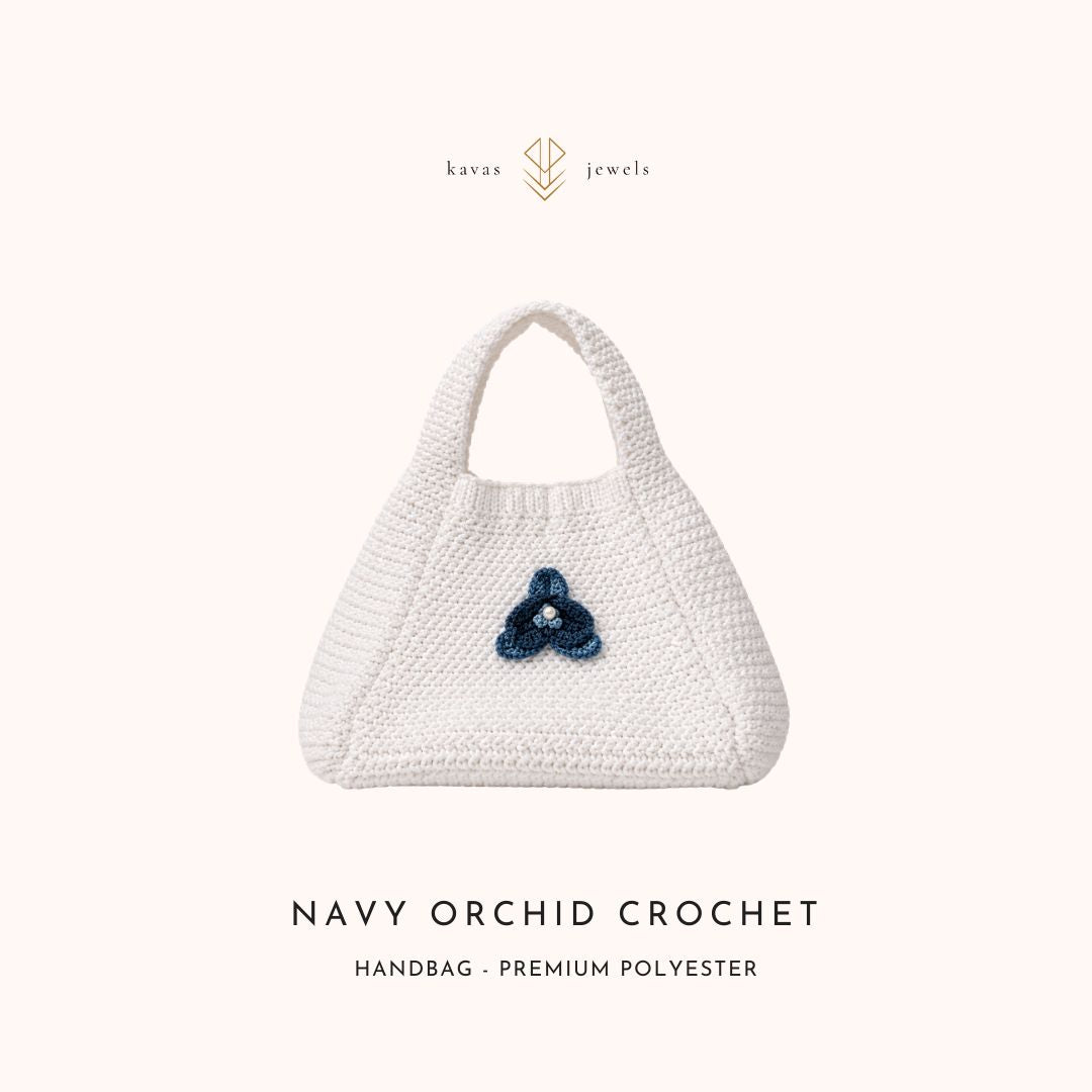 Navy Orchid Crochet White Handbag