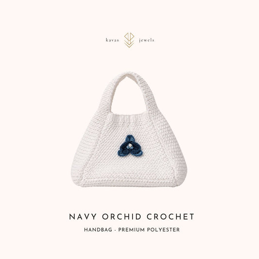 Navy Orchid Crochet White Handbag